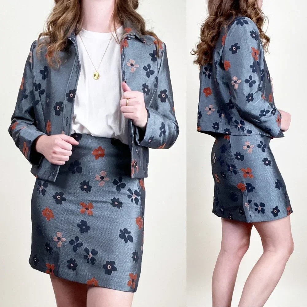 Vintage Flower Power Mini Skirt Jacket Set Coordinating Matching Floral Suit - Picture 5 of 5